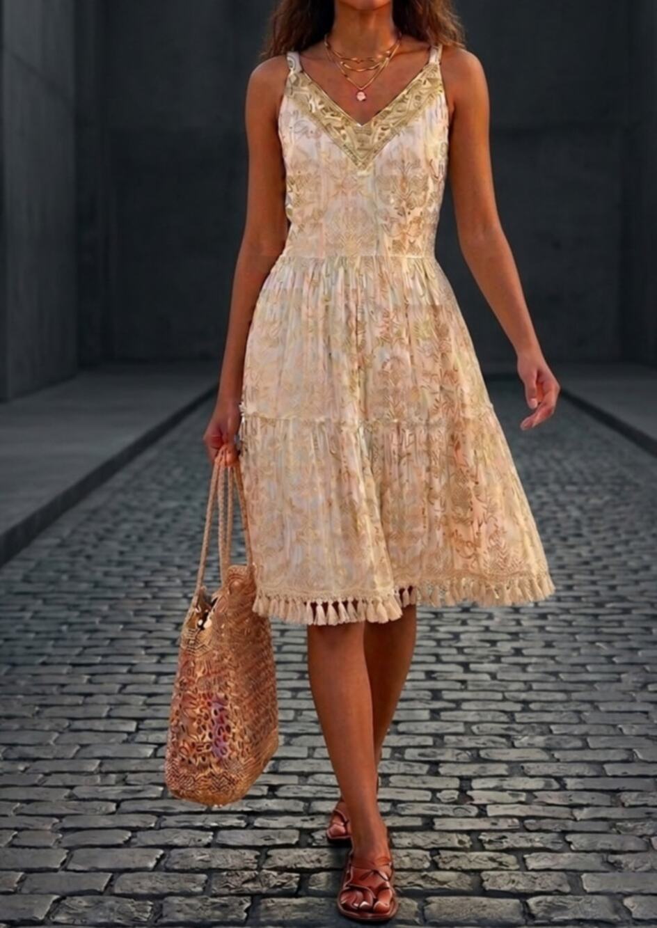 Me 2 Magic Metallic Gold Tassel Tiered Boho Midi Dress. Size L.